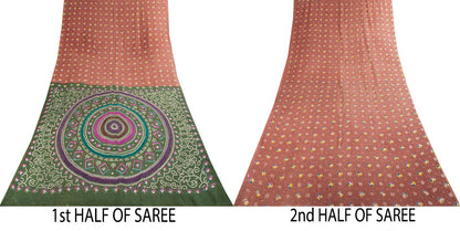 Sanskriti Vintage Saree Peach 100% Pure Cotton Bandhani Print Sari Fabric 5+Yard
