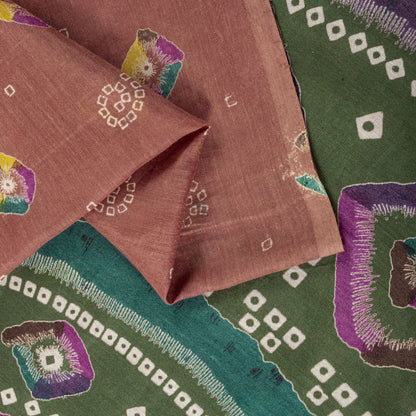 Sanskriti Vintage Saree Peach 100% Pure Cotton Bandhani Print Sari Fabric 5+Yard
