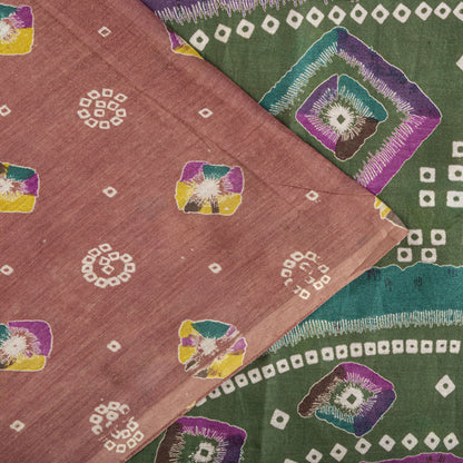 Sanskriti Vintage Saree Peach 100% Pure Cotton Bandhani Print Sari Fabric 5+Yard