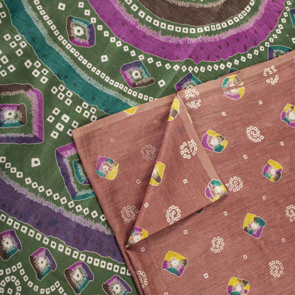 Sanskriti Vintage Saree Peach 100% Pure Cotton Bandhani Print Sari Fabric 5+Yard