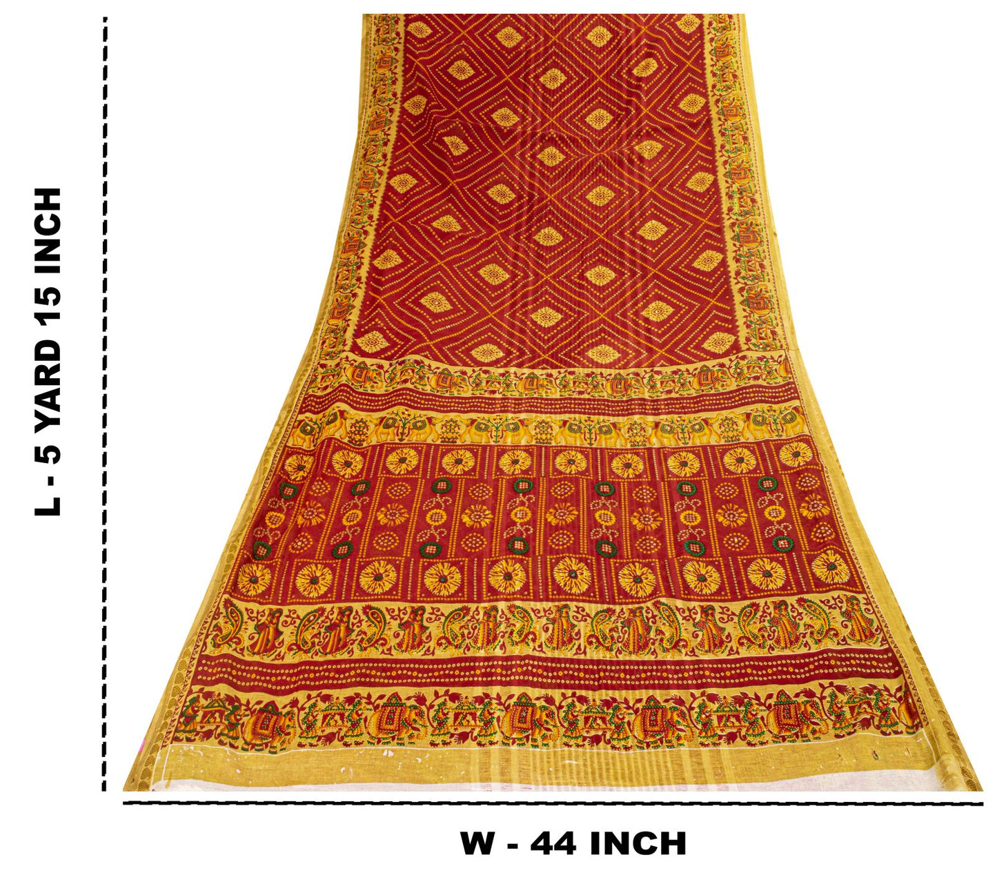 Sanskriti Vintage Saree Red Pure Cotton Bandhani Print Geometric Sari 5+YdFabric