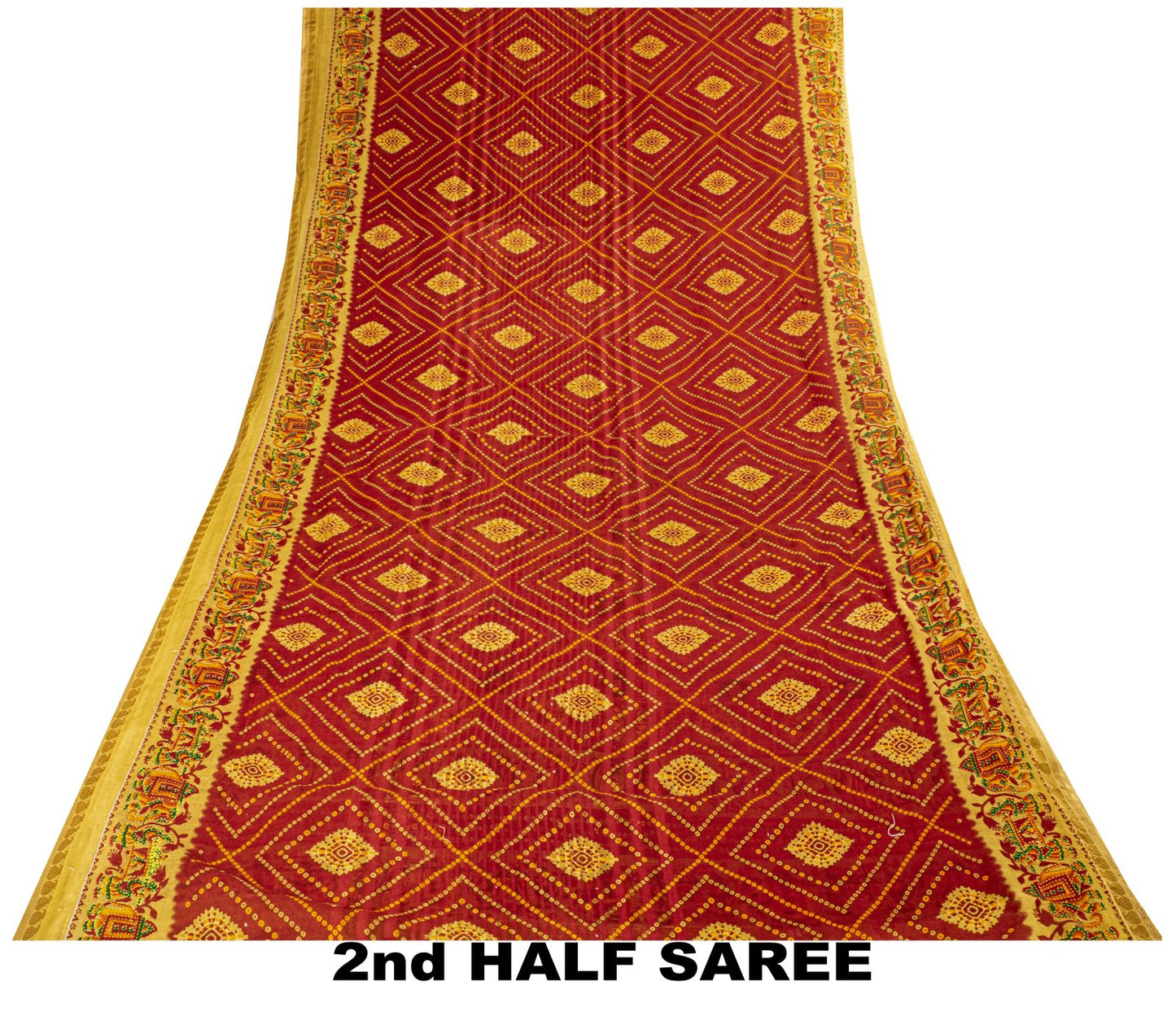 Sanskriti Vintage Saree Red Pure Cotton Bandhani Print Geometric Sari 5+YdFabric
