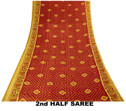 Sanskriti Vintage Saree Red Pure Cotton Bandhani Print Geometric Sari 5+YdFabric