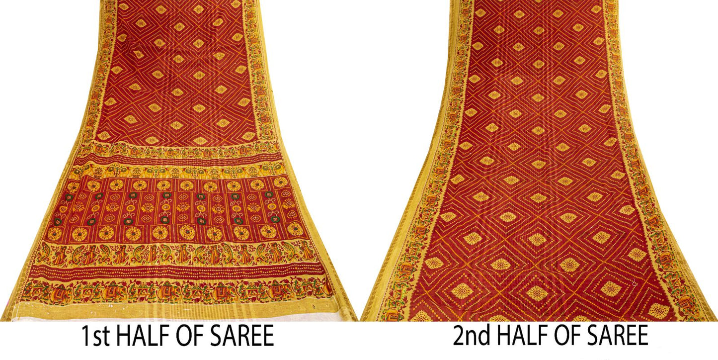 Sanskriti Vintage Saree Red Pure Cotton Bandhani Print Geometric Sari 5+YdFabric