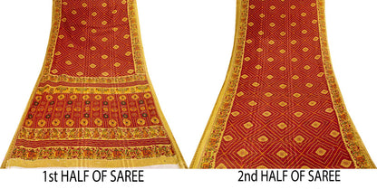 Sanskriti Vintage Saree Red Pure Cotton Bandhani Print Geometric Sari 5+YdFabric