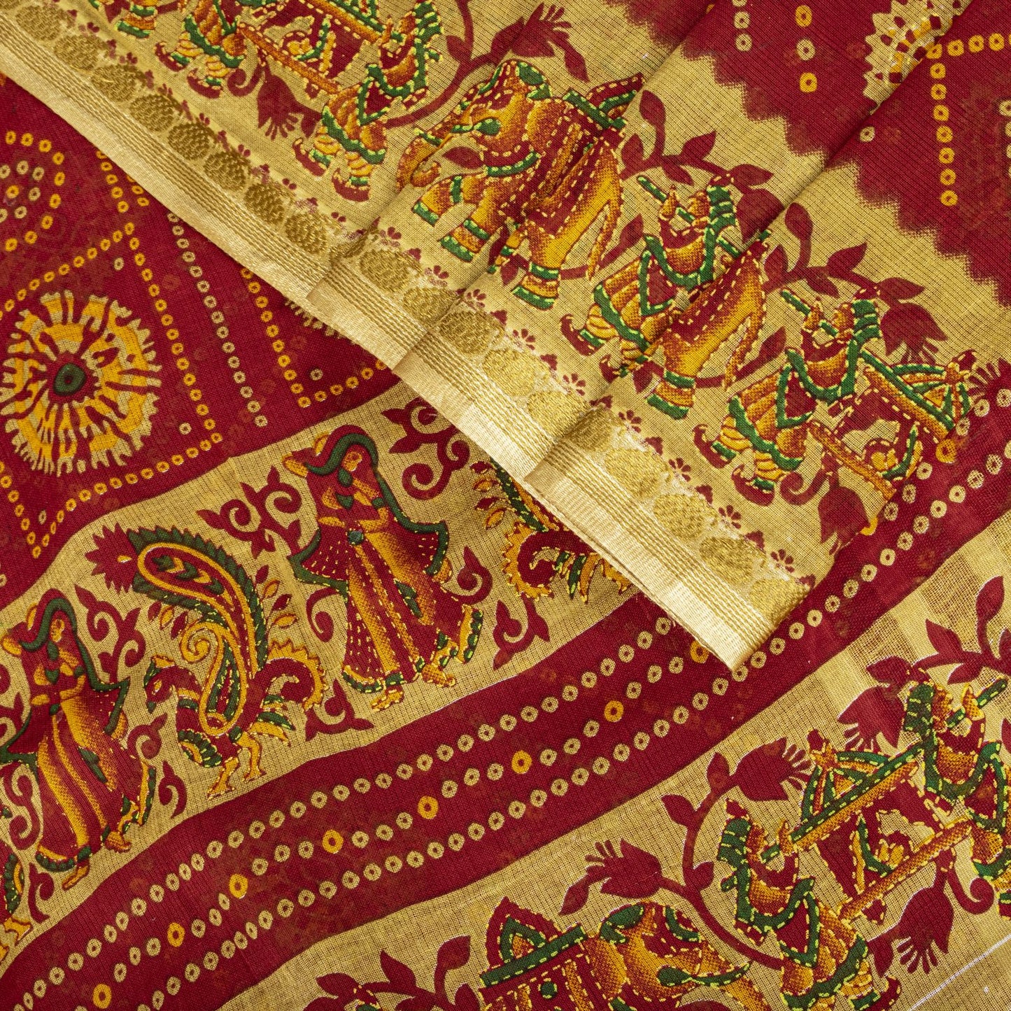 Sanskriti Vintage Saree Red Pure Cotton Bandhani Print Geometric Sari 5+YdFabric