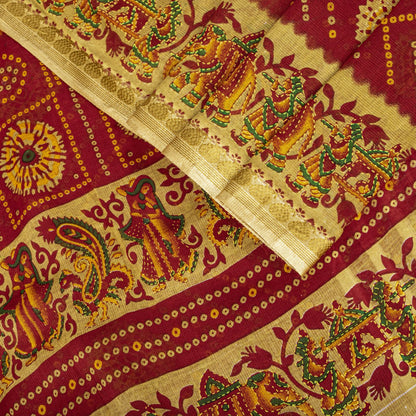 Sanskriti Vintage Saree Red Pure Cotton Bandhani Print Geometric Sari 5+YdFabric