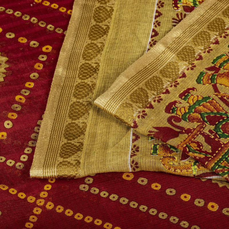 Sanskriti Vintage Saree Red Pure Cotton Bandhani Print Geometric Sari 5+YdFabric