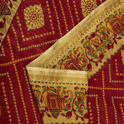 Sanskriti Vintage Saree Red Pure Cotton Bandhani Print Geometric Sari 5+YdFabric