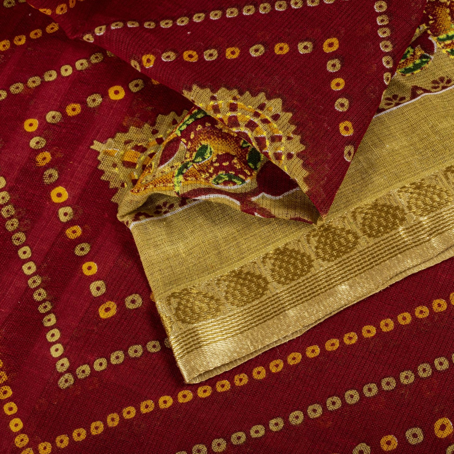 Sanskriti Vintage Saree Red Pure Cotton Bandhani Print Geometric Sari 5+YdFabric