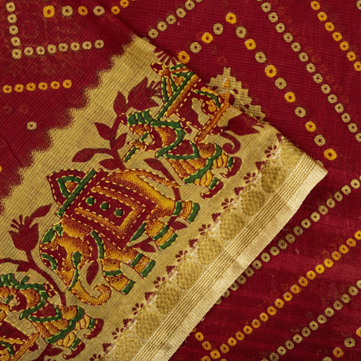 Sanskriti Vintage Saree Red Pure Cotton Bandhani Print Geometric Sari 5+YdFabric