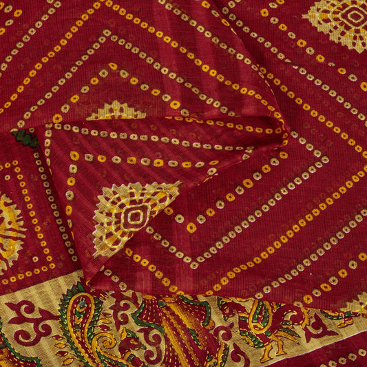 Sanskriti Vintage Saree Red Pure Cotton Bandhani Print Geometric Sari 5+YdFabric
