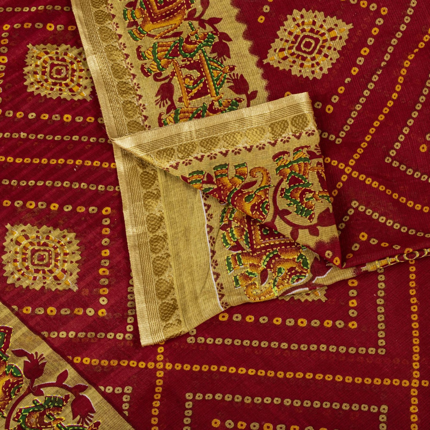 Sanskriti Vintage Saree Red Pure Cotton Bandhani Print Geometric Sari 5+YdFabric