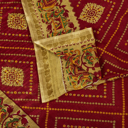 Sanskriti Vintage Saree Red Pure Cotton Bandhani Print Geometric Sari 5+YdFabric