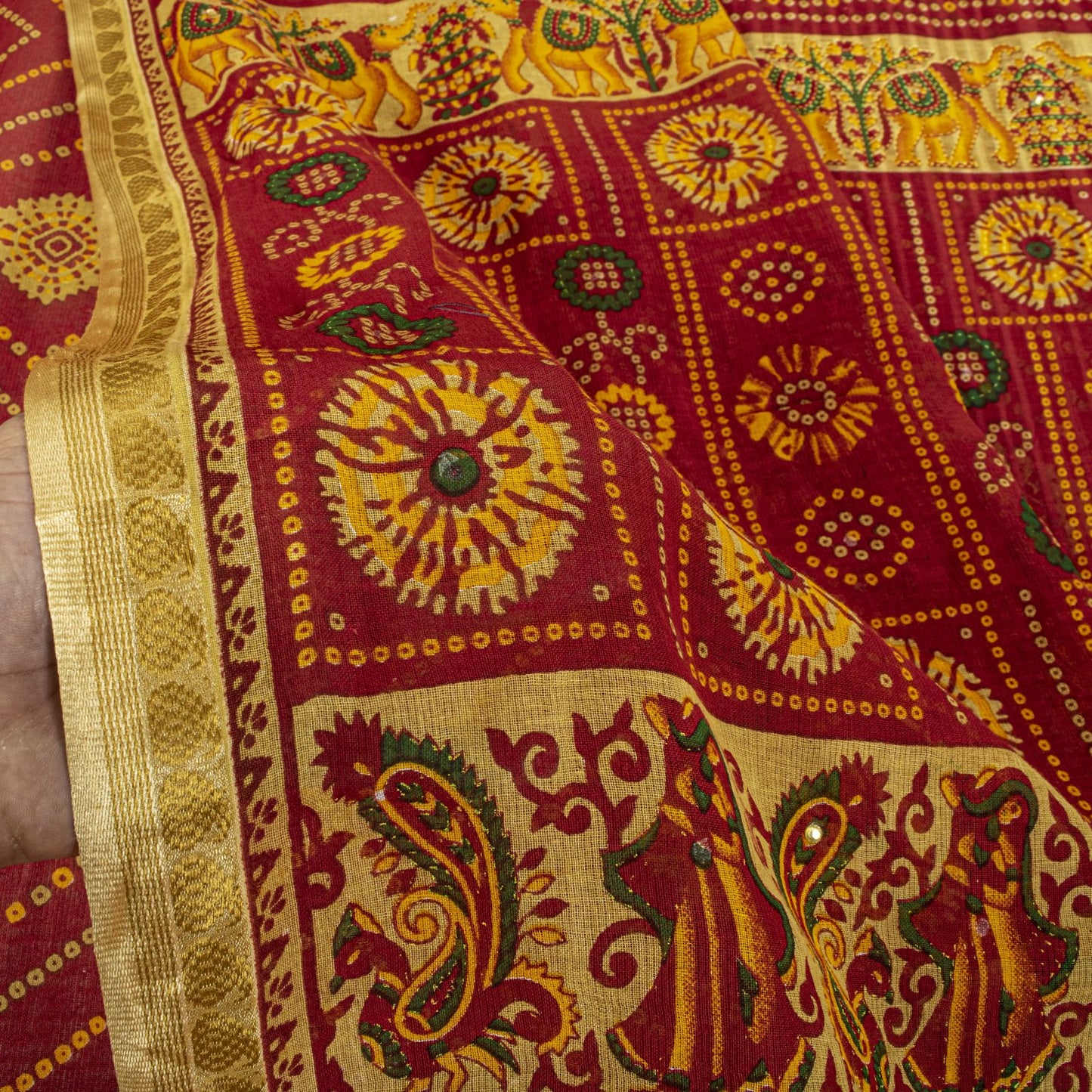 Sanskriti Vintage Saree Red Pure Cotton Bandhani Print Geometric Sari 5+YdFabric
