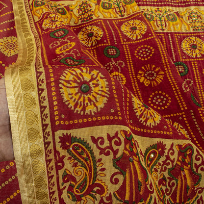 Sanskriti Vintage Saree Red Pure Cotton Bandhani Print Geometric Sari 5+YdFabric
