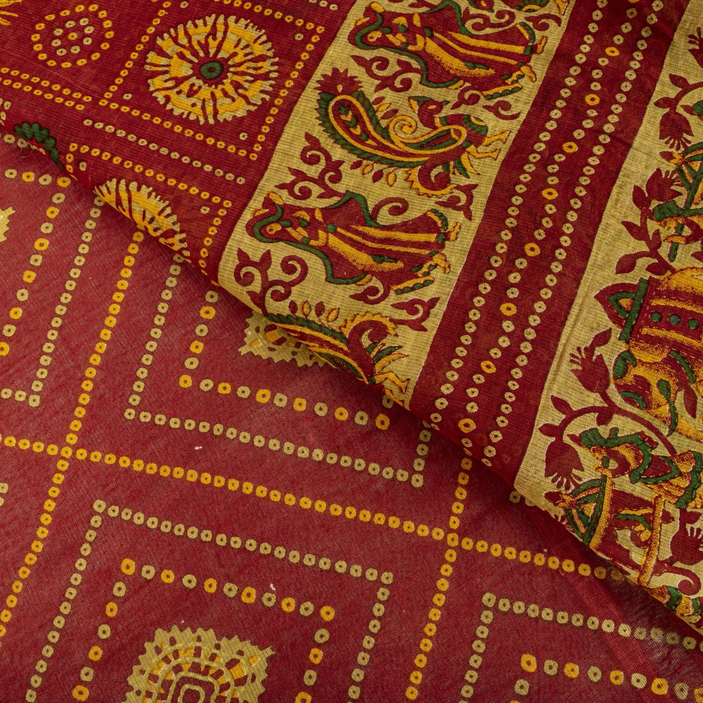 Sanskriti Vintage Saree Red Pure Cotton Bandhani Print Geometric Sari 5+YdFabric