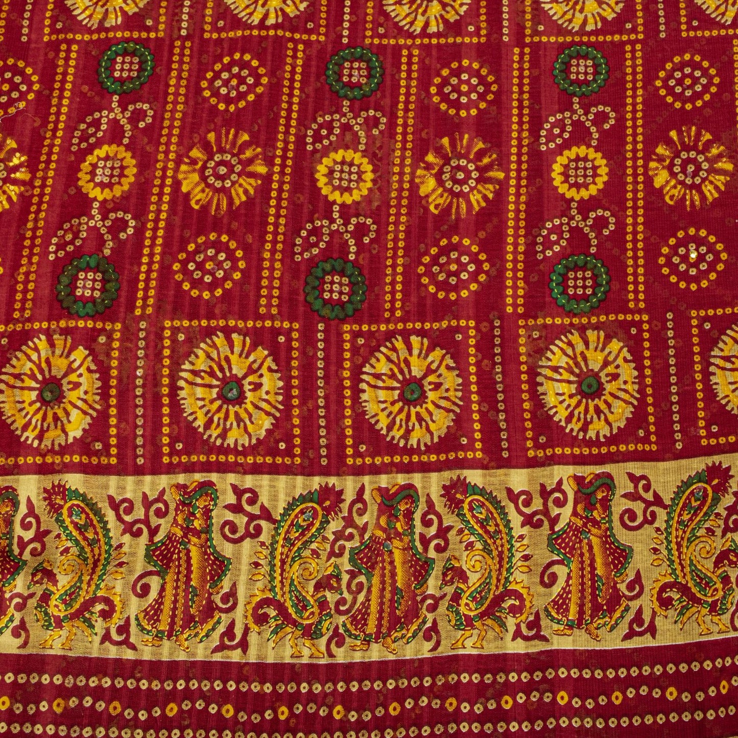 Sanskriti Vintage Saree Red Pure Cotton Bandhani Print Geometric Sari 5+YdFabric