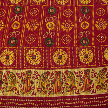 Sanskriti Vintage Saree Red Pure Cotton Bandhani Print Geometric Sari 5+YdFabric