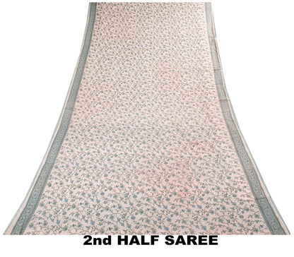 Sanskriti Vintage Saree Pink-Blue Pure Cotton Floral Print Sari Fabric 5+Yard