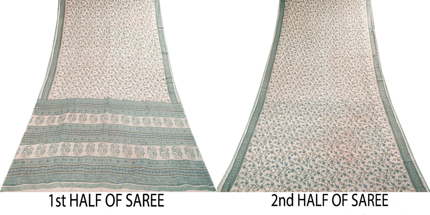 Sanskriti Vintage Saree Pink-Blue Pure Cotton Floral Print Sari Fabric 5+Yard