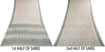 Sanskriti Vintage Saree Pink-Blue Pure Cotton Floral Print Sari Fabric 5+Yard