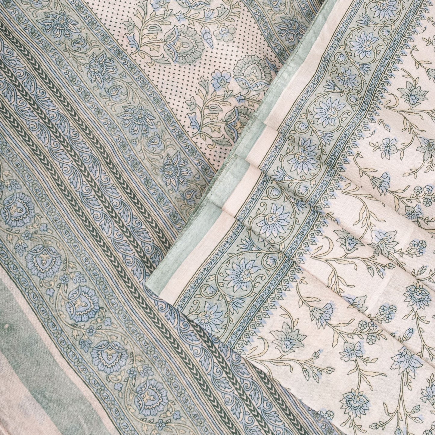 Sanskriti Vintage Saree Pink-Blue Pure Cotton Floral Print Sari Fabric 5+Yard