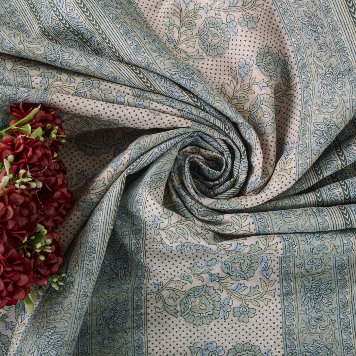 Sanskriti Vintage Saree Pink-Blue Pure Cotton Floral Print Sari Fabric 5+Yard