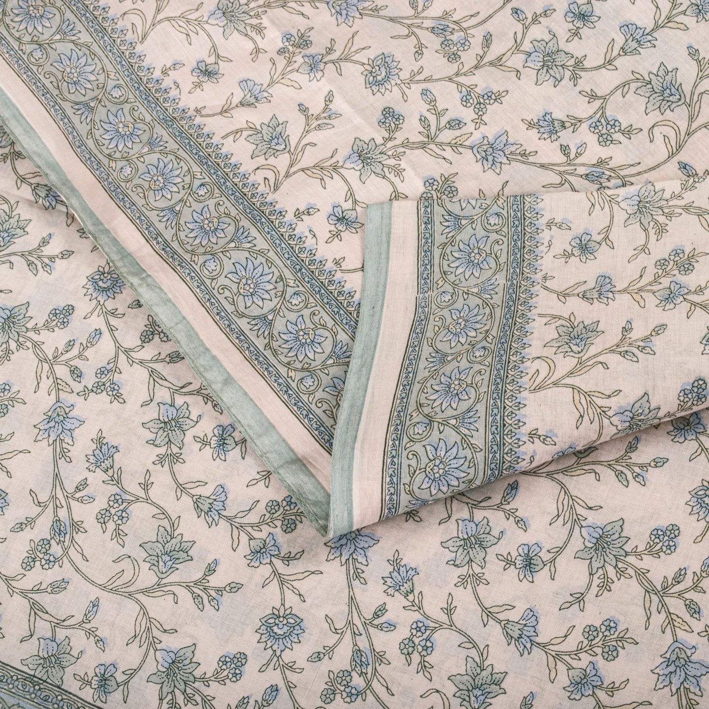 Sanskriti Vintage Saree Pink-Blue Pure Cotton Floral Print Sari Fabric 5+Yard