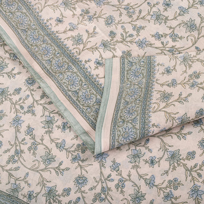 Sanskriti Vintage Saree Pink-Blue Pure Cotton Floral Print Sari Fabric 5+Yard