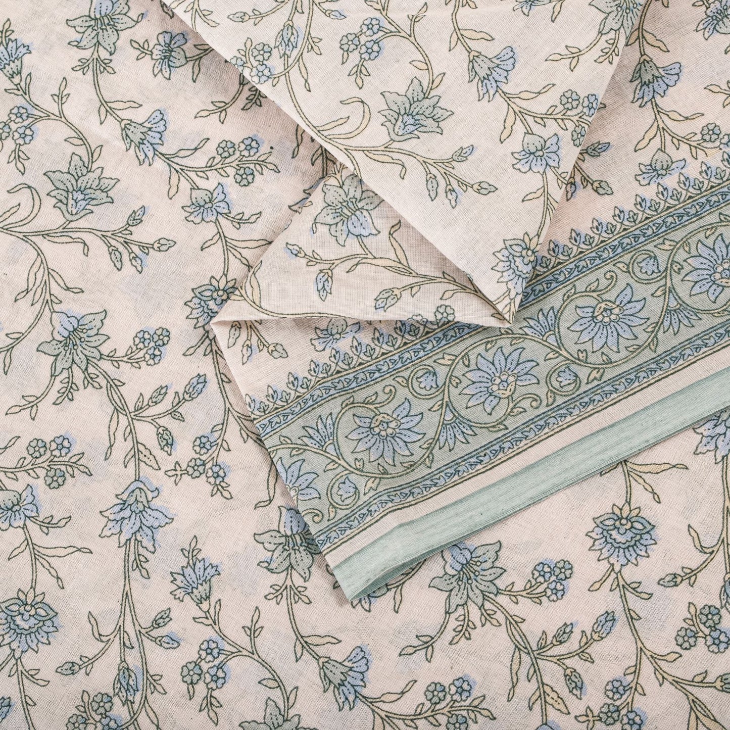 Sanskriti Vintage Saree Pink-Blue Pure Cotton Floral Print Sari Fabric 5+Yard
