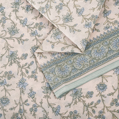 Sanskriti Vintage Saree Pink-Blue Pure Cotton Floral Print Sari Fabric 5+Yard