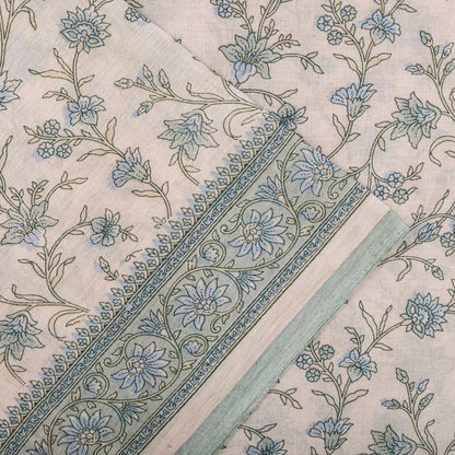 Sanskriti Vintage Saree Pink-Blue Pure Cotton Floral Print Sari Fabric 5+Yard
