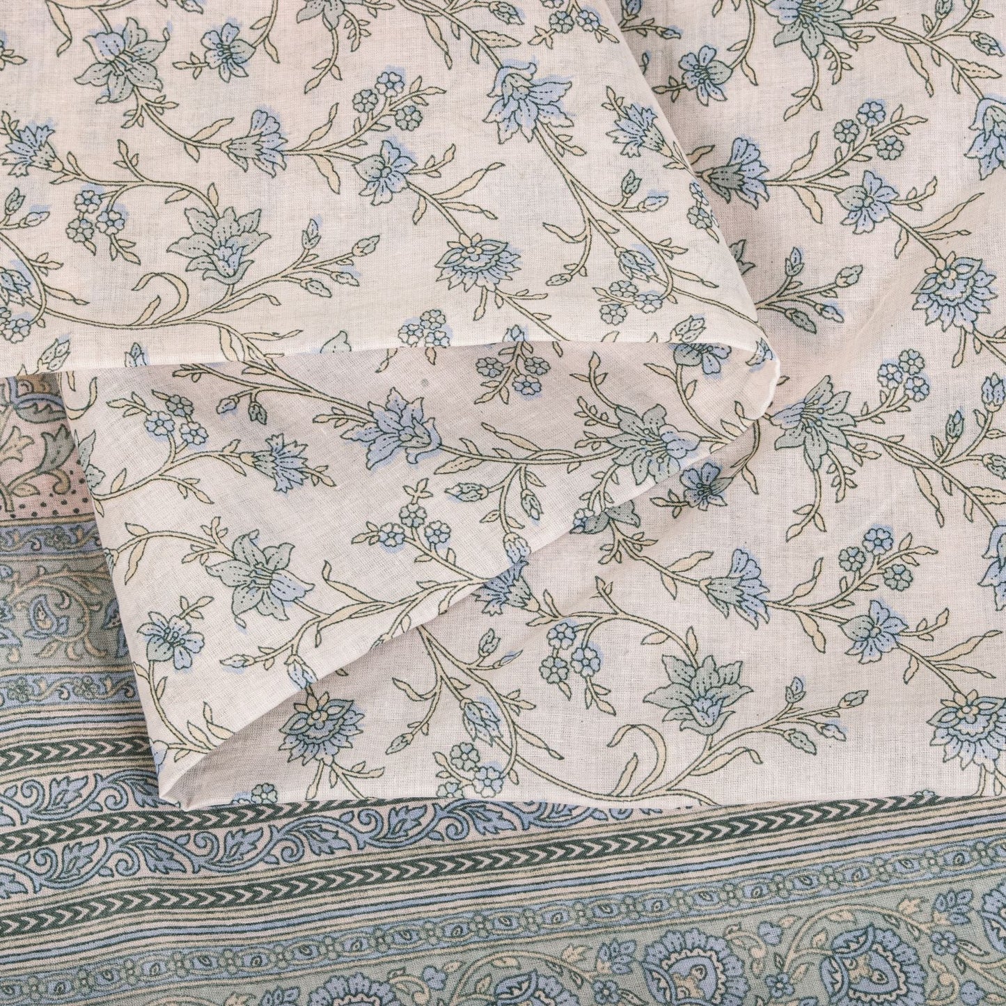 Sanskriti Vintage Saree Pink-Blue Pure Cotton Floral Print Sari Fabric 5+Yard