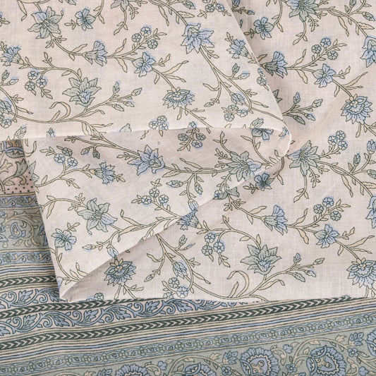 Sanskriti Vintage Saree Pink-Blue Pure Cotton Floral Print Sari Fabric 5+Yard