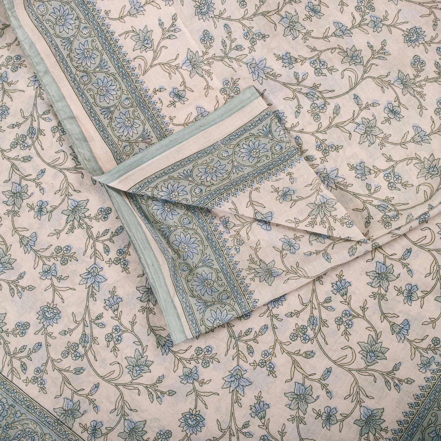 Sanskriti Vintage Saree Pink-Blue Pure Cotton Floral Print Sari Fabric 5+Yard