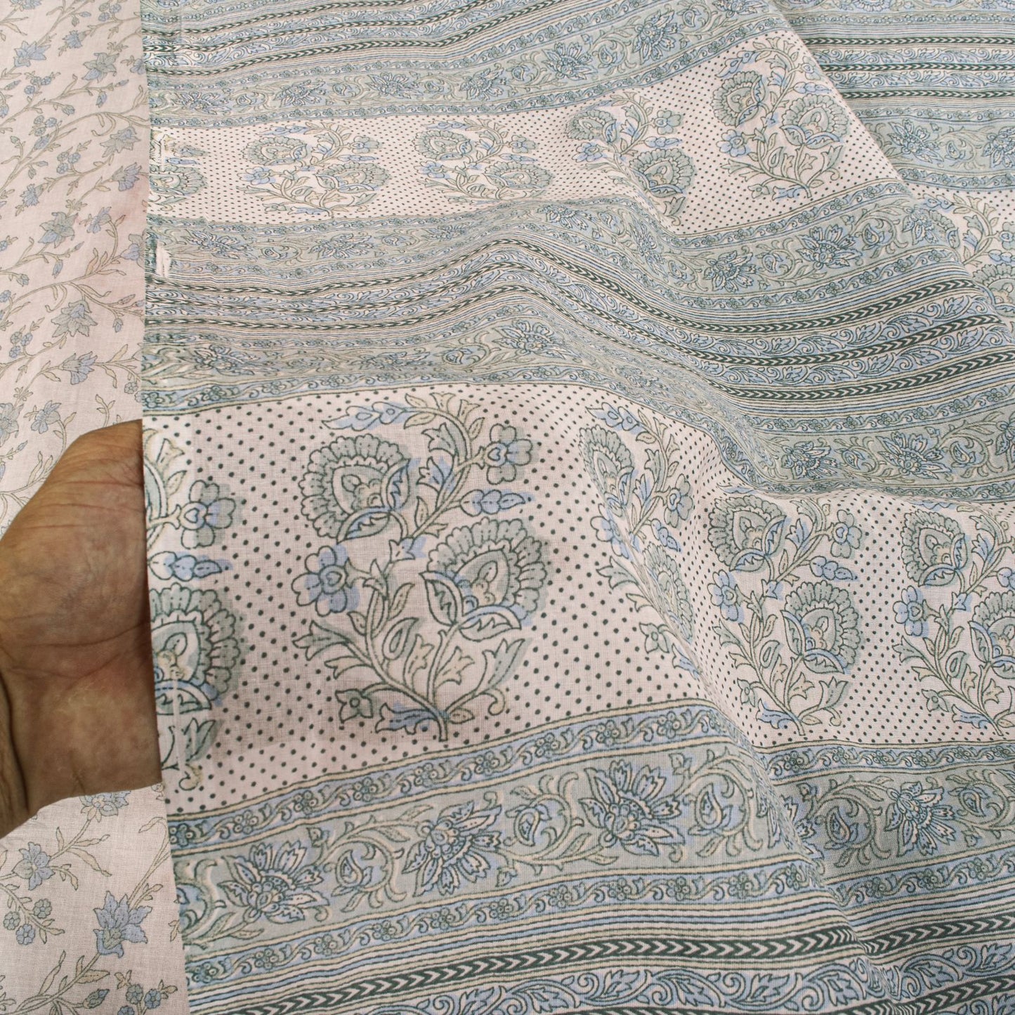 Sanskriti Vintage Saree Pink-Blue Pure Cotton Floral Print Sari Fabric 5+Yard