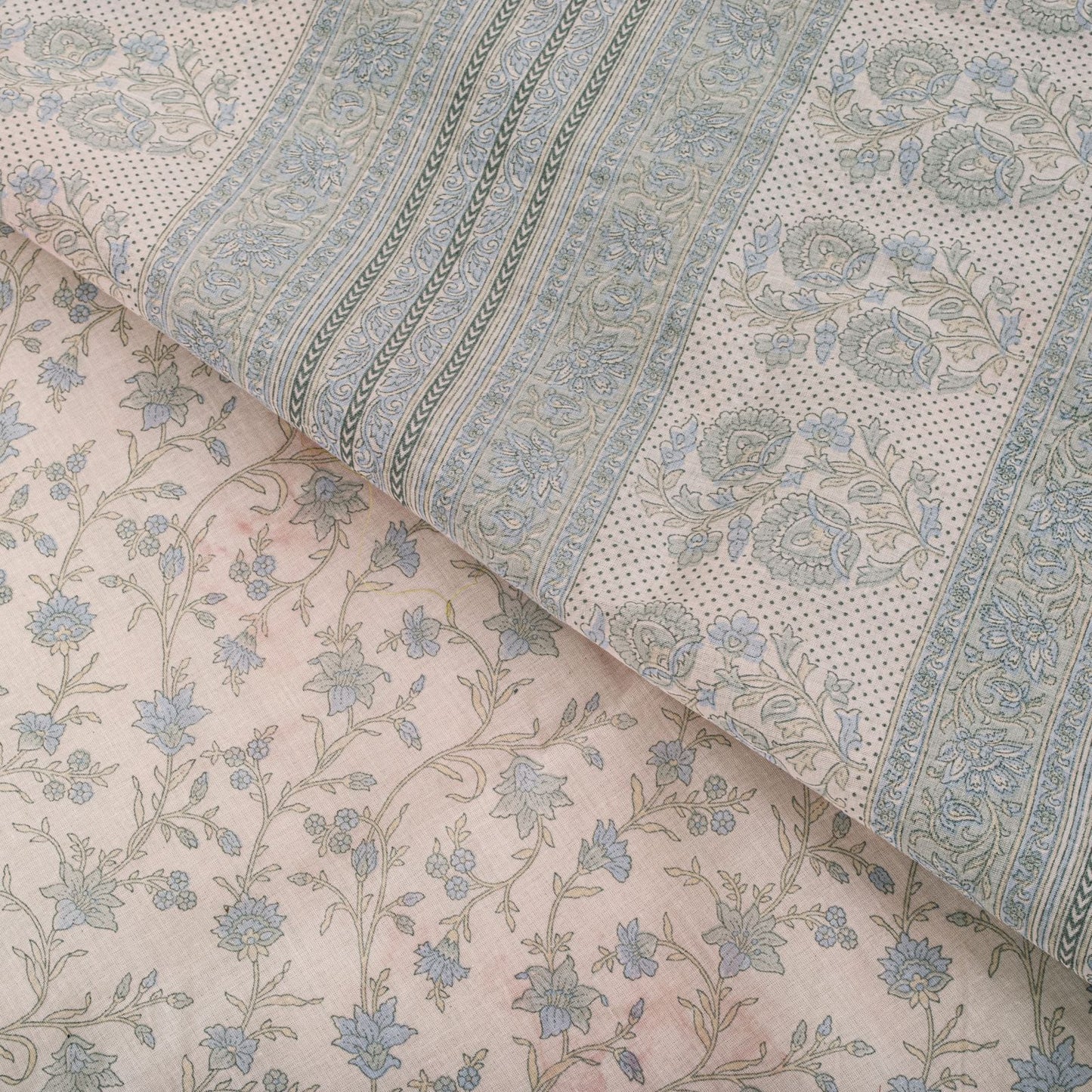 Sanskriti Vintage Saree Pink-Blue Pure Cotton Floral Print Sari Fabric 5+Yard