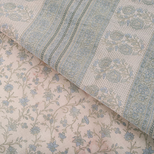 Sanskriti Vintage Saree Pink-Blue Pure Cotton Floral Print Sari Fabric 5+Yard