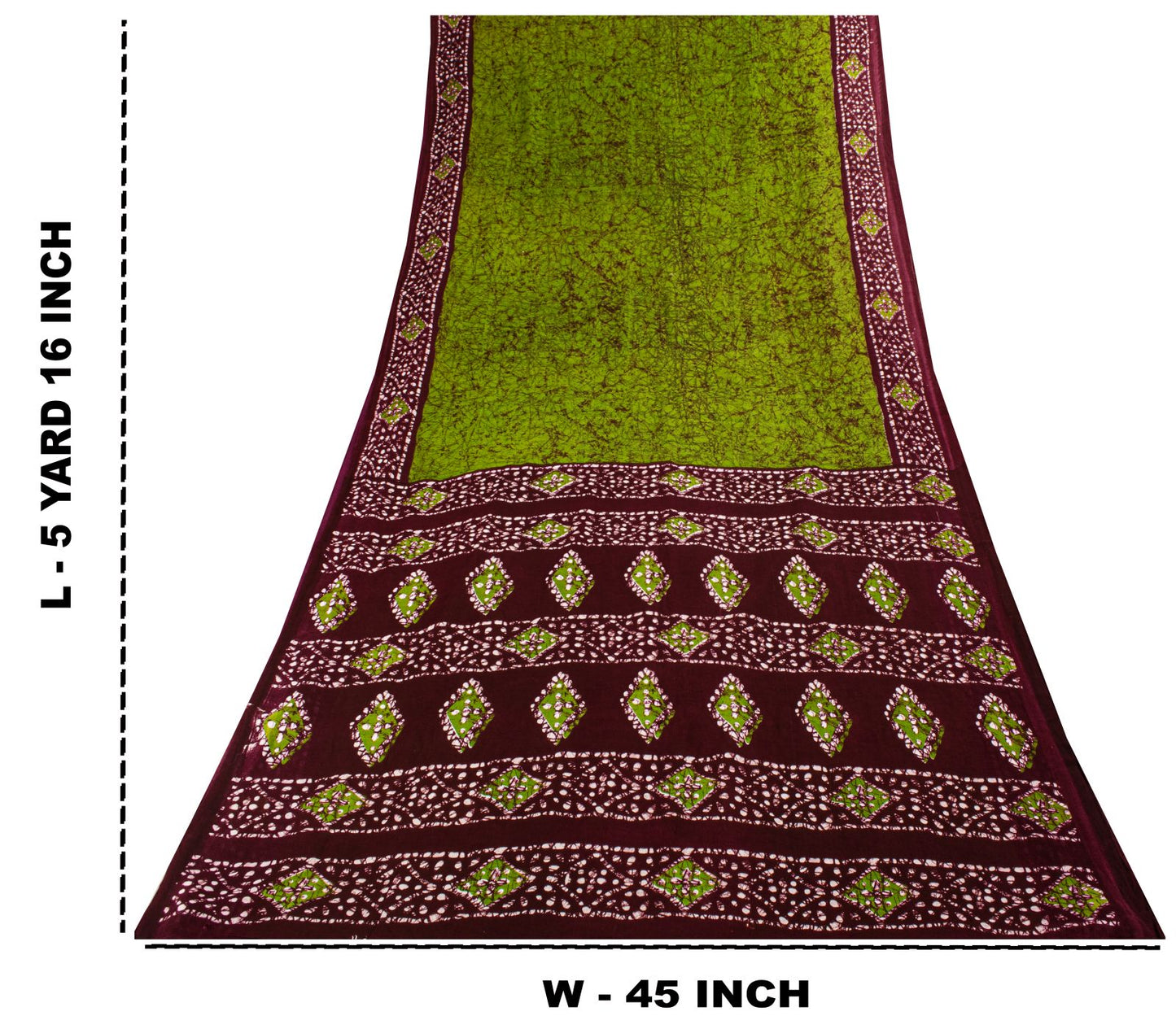 Sanskriti Vintage Saree Green-Wine Pure Cotton Batik Printed Sari Fabric 5+Yard