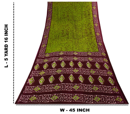 Sanskriti Vintage Saree Green-Wine Pure Cotton Batik Printed Sari Fabric 5+Yard
