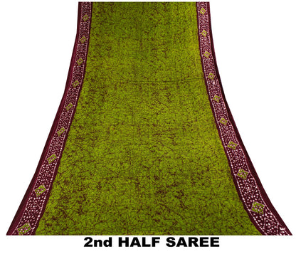 Sanskriti Vintage Saree Green-Wine Pure Cotton Batik Printed Sari Fabric 5+Yard