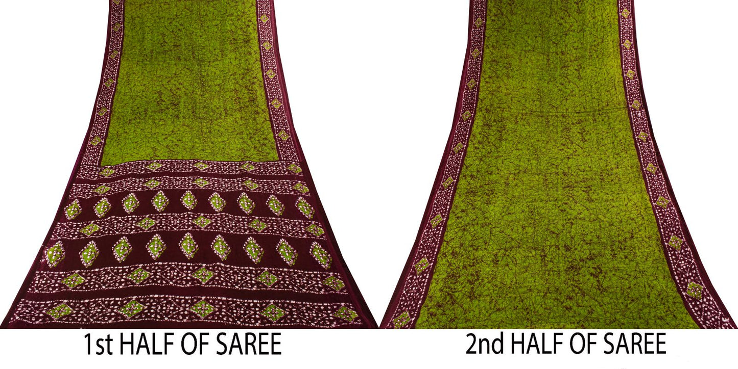 Sanskriti Vintage Saree Green-Wine Pure Cotton Batik Printed Sari Fabric 5+Yard