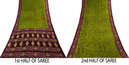 Sanskriti Vintage Saree Green-Wine Pure Cotton Batik Printed Sari Fabric 5+Yard