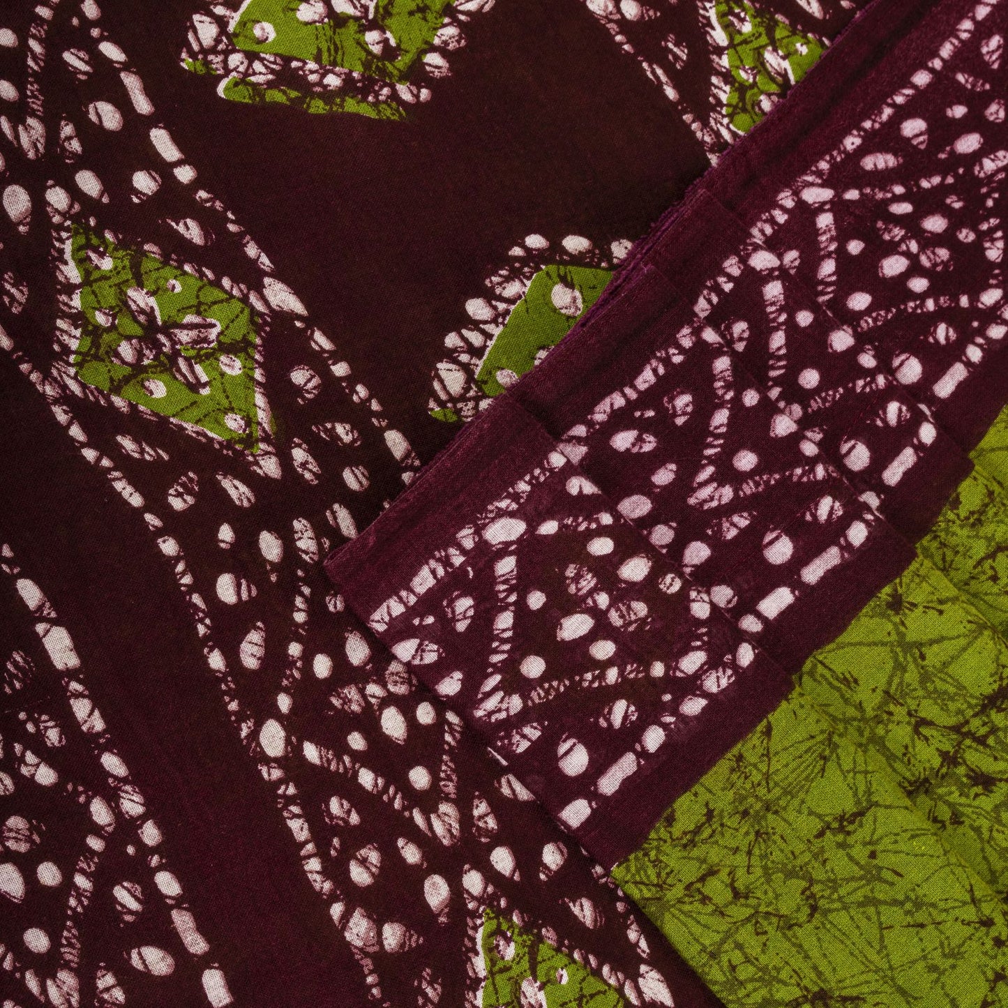 Sanskriti Vintage Saree Green-Wine Pure Cotton Batik Printed Sari Fabric 5+Yard