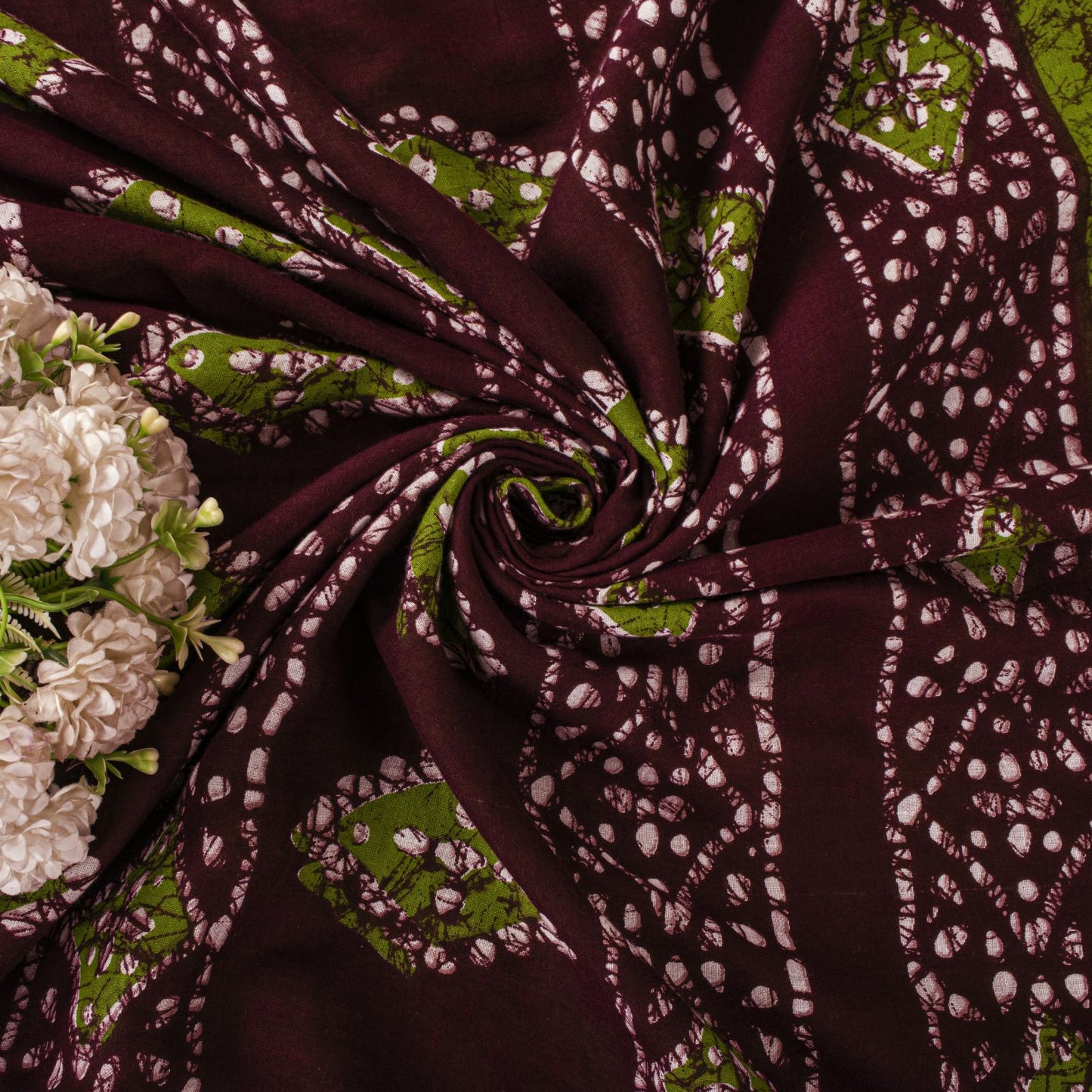 Sanskriti Vintage Saree Green-Wine Pure Cotton Batik Printed Sari Fabric 5+Yard