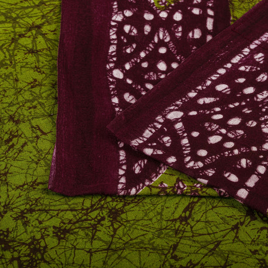 Sanskriti Vintage Saree Green-Wine Pure Cotton Batik Printed Sari Fabric 5+Yard