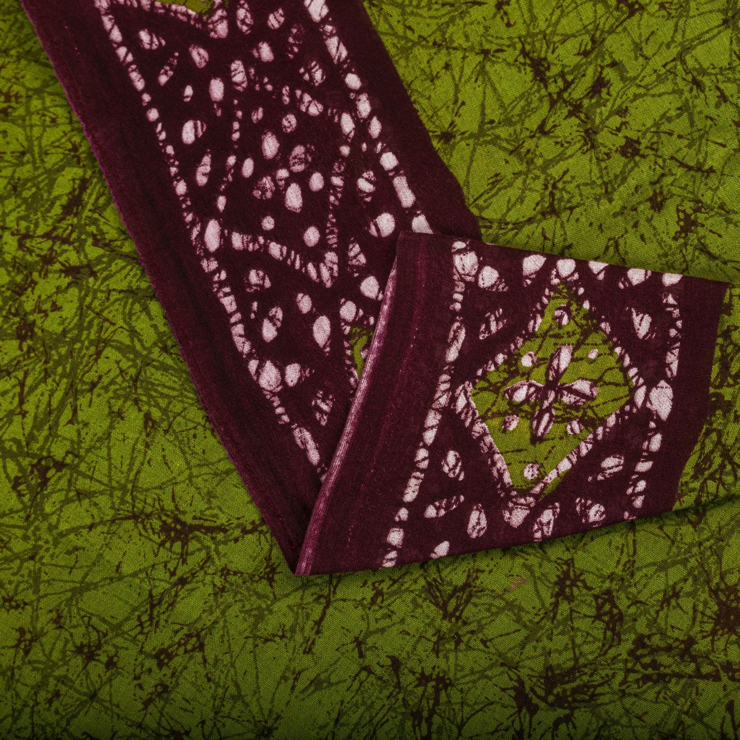 Sanskriti Vintage Saree Green-Wine Pure Cotton Batik Printed Sari Fabric 5+Yard