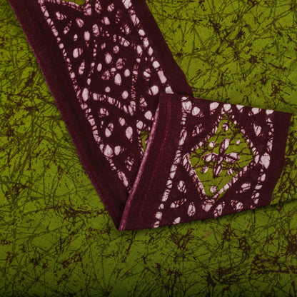 Sanskriti Vintage Saree Green-Wine Pure Cotton Batik Printed Sari Fabric 5+Yard