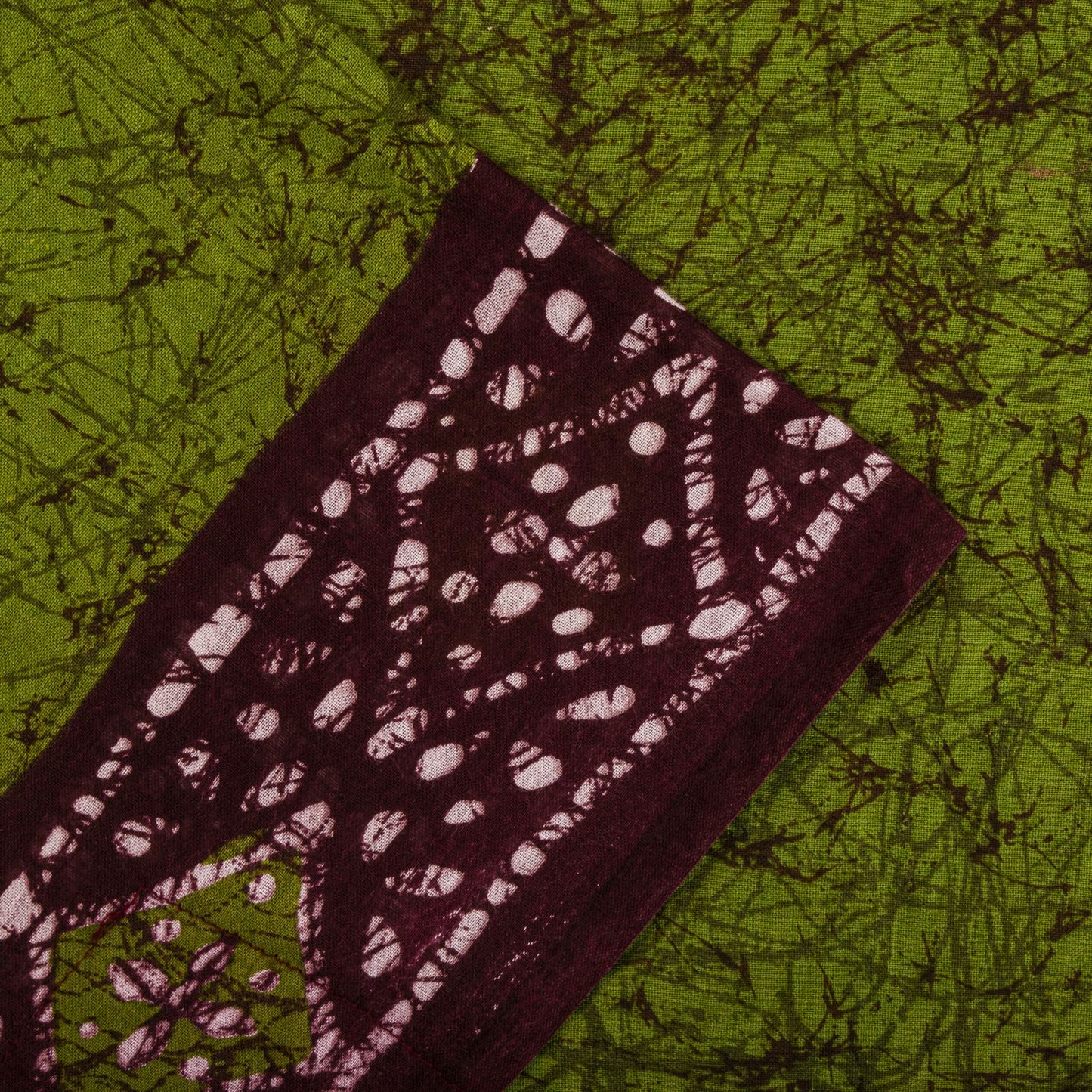 Sanskriti Vintage Saree Green-Wine Pure Cotton Batik Printed Sari Fabric 5+Yard